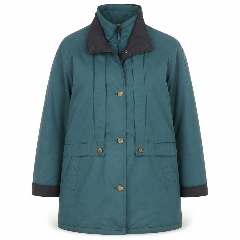 Front view of telemac women’s green jacket coat, size UK 10, zip