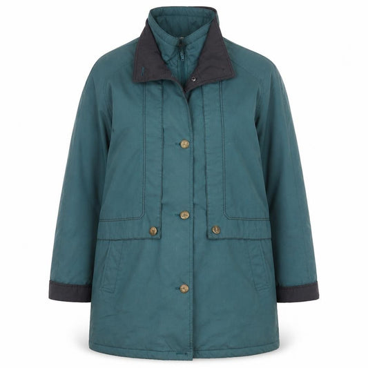 Front view of telemac women’s green jacket coat, size UK 10, zip