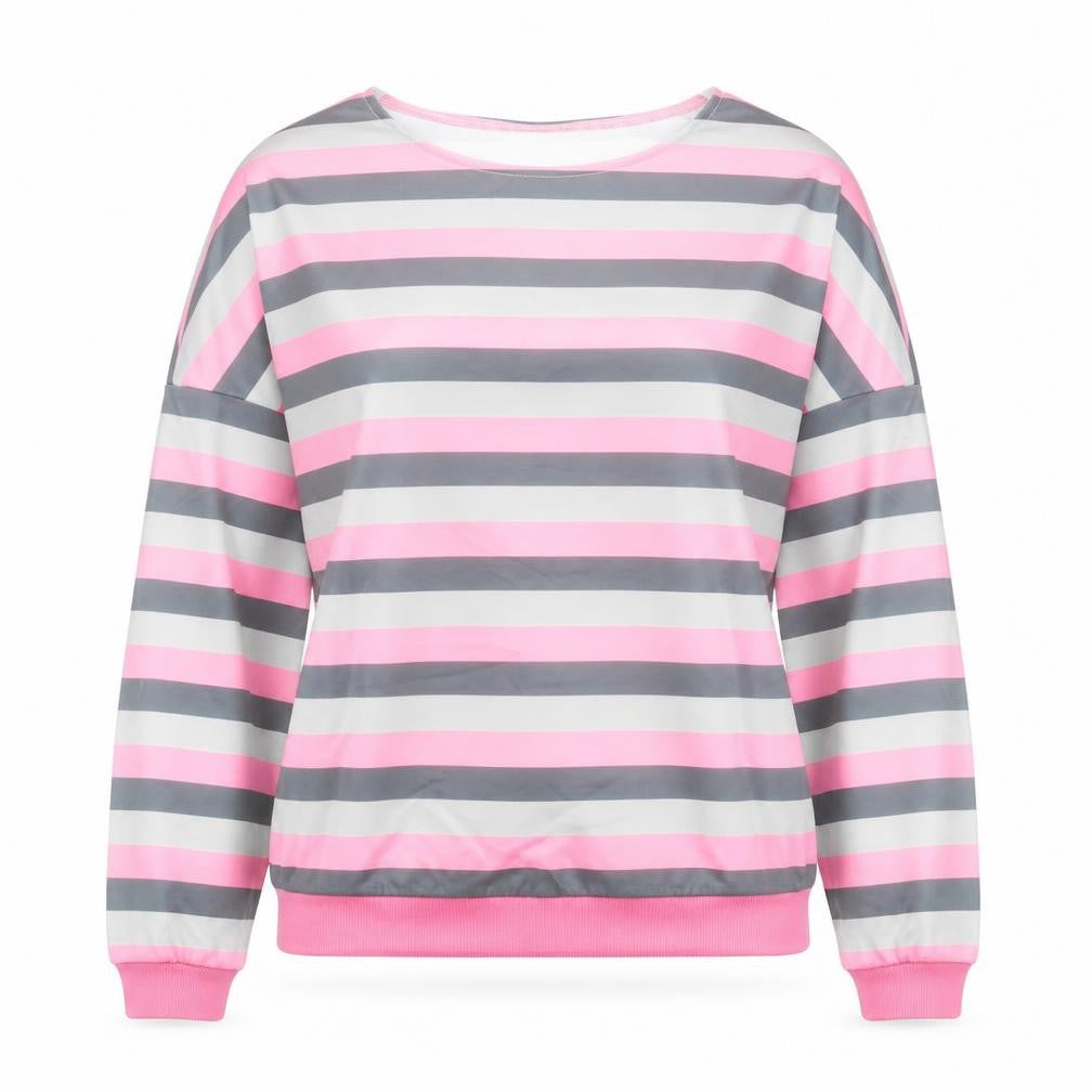 Front view of SHEIN women’s grey striped polyester pullover sweatshirt, size 2XL, pullover