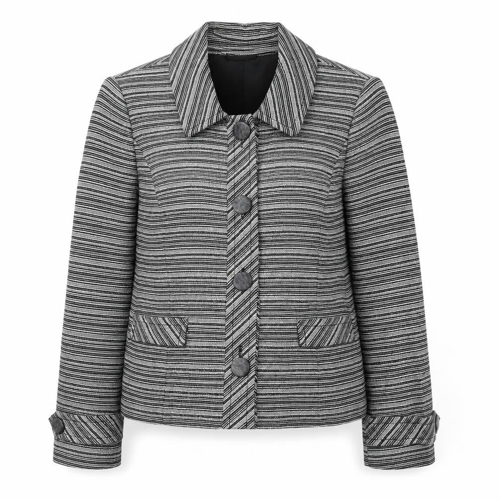 Front view of Country Casuals women’s black striped jacket blazer, size UK 14, button