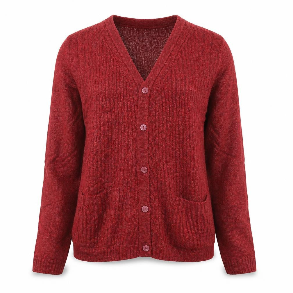 EWM Womens Red V-Neck  Acrylic Cardigan Jumper Size 10