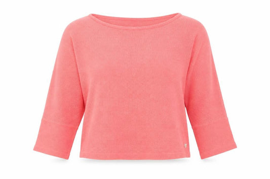 Front view of Tom Tailor women’s pink cotton basic blouse, size UK 16, boat neck