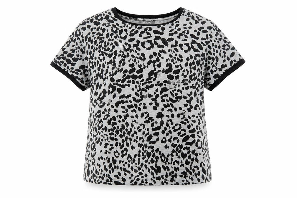 Front view of New Look women’s grey animal print polyester basic t-shirt, size UK 12, crew neck