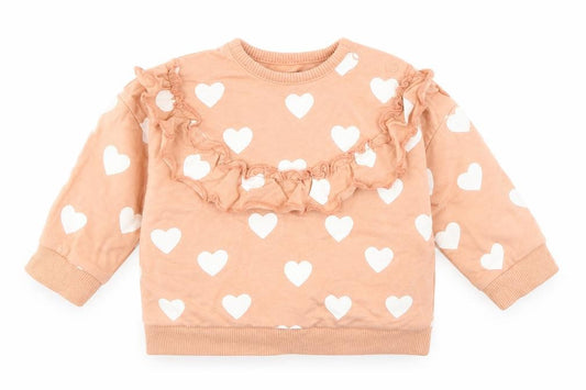 Front view of George Baby Pink Geometric Cotton jumper, size 3-6, Months Snap - Heart Print