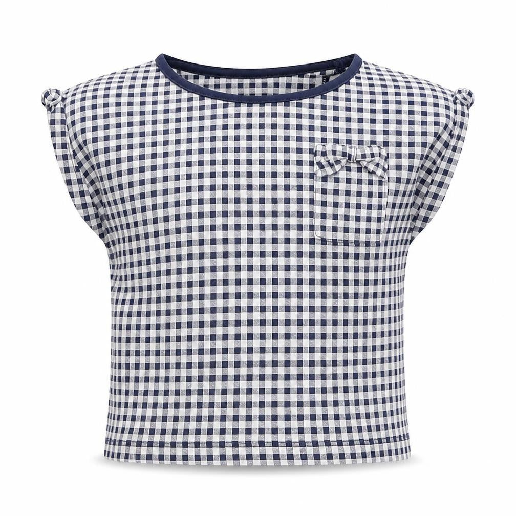 Front view of Tu girls’ blue check cotton basic t-shirt, size 6, years crew neck pullover