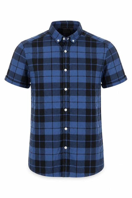 Front view of ASOS men’s blue check cotton button-up, size S, collared button