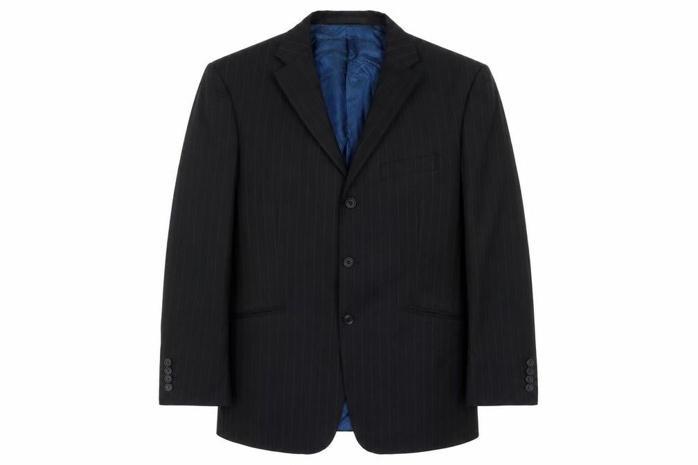 Front view of Marks & Spencer men’s black striped wool jacket suit jacket, size 42