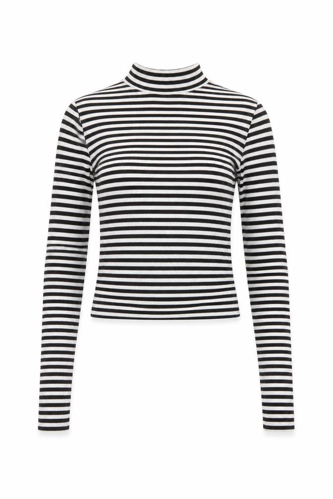 Divided Womens Black Striped Polyester Cropped T-Shirt Size XS Mock Neck