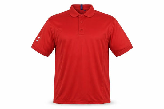 Front view of Premier men’s red polyester polo, size L, collared button