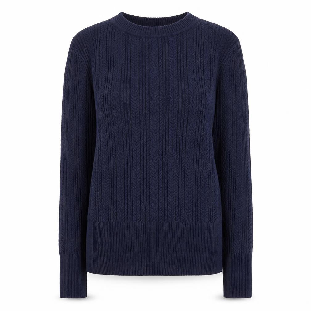 Front view of Marks & Spencer women’s blue round neck viscose jumper, size UK 6