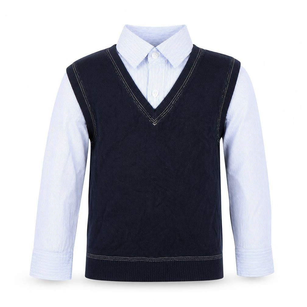 Front view of Next boys’ blue collared striped cotton jumper, size 5, years pullover - jumper with shirt
