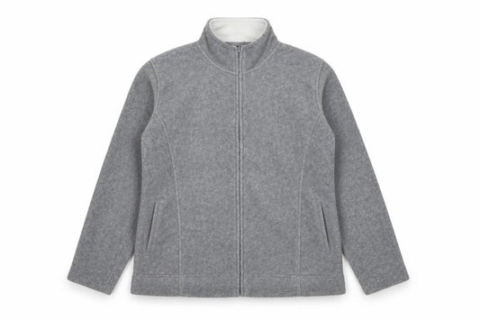 Front view of Isle women’s grey 100% polyester full zip sweatshirt, size L, zip