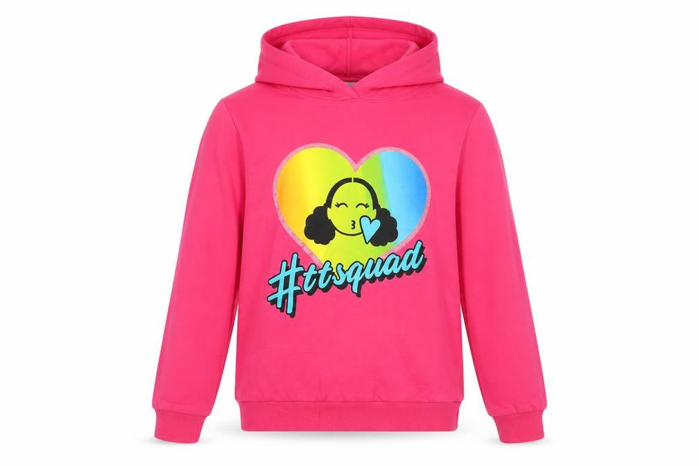 Front view of Pop Gear girls’ pink cotton pullover hoodie, size 9-10, years