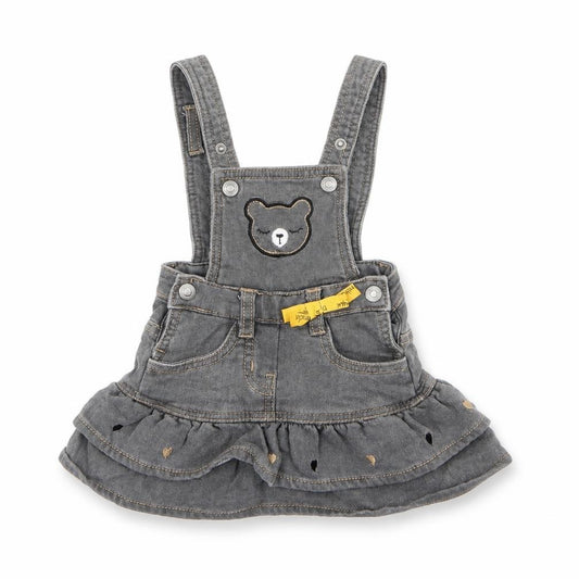 Front view of Minibanda Baby Grey Cotton Pinafore/Dungaree Dress, size 3-6, Months Square Neck Snap