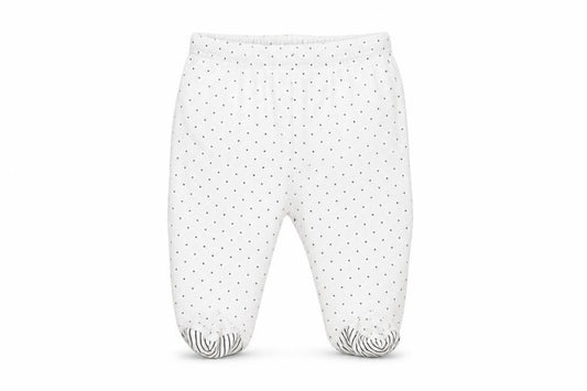 Front view of Mini birba girls’ white polka dot cotton pedal pusher leggings, size 6-9, months