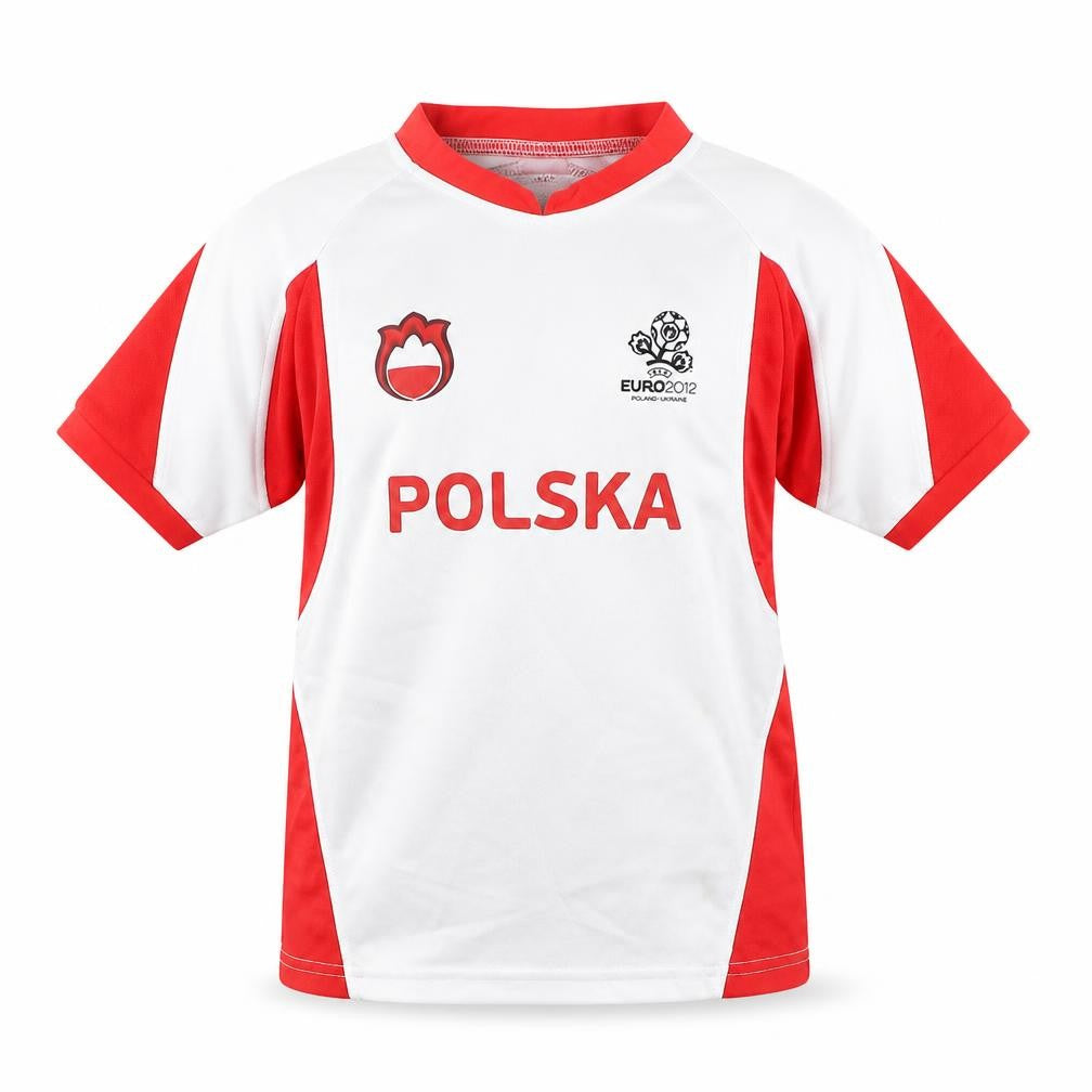 Front view of Euro2012 boys’ white polyester basic t-shirt, size 9-10, years v-neck pullover - poland-ukraine