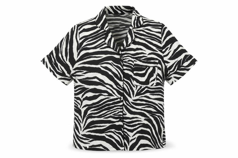 Front view of New Look women’s black animal print polyester basic button-up, size UK 10, collared