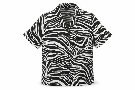 Front view of New Look women’s black animal print polyester basic button-up, size UK 10, collared