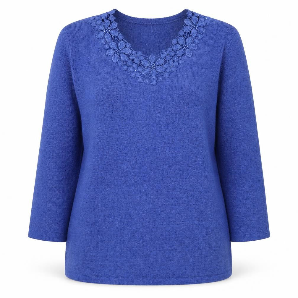 Front view of Bonmarché women’s blue scoop neck acrylic jumper, size S