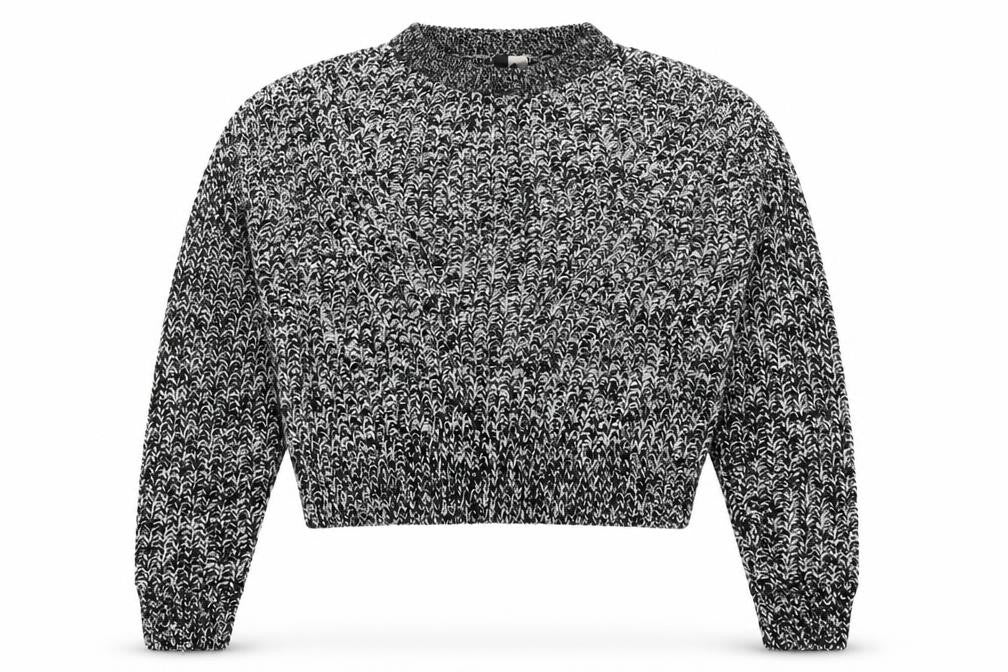 Front view of H&M women’s grey crew neck acrylic jumper, size S