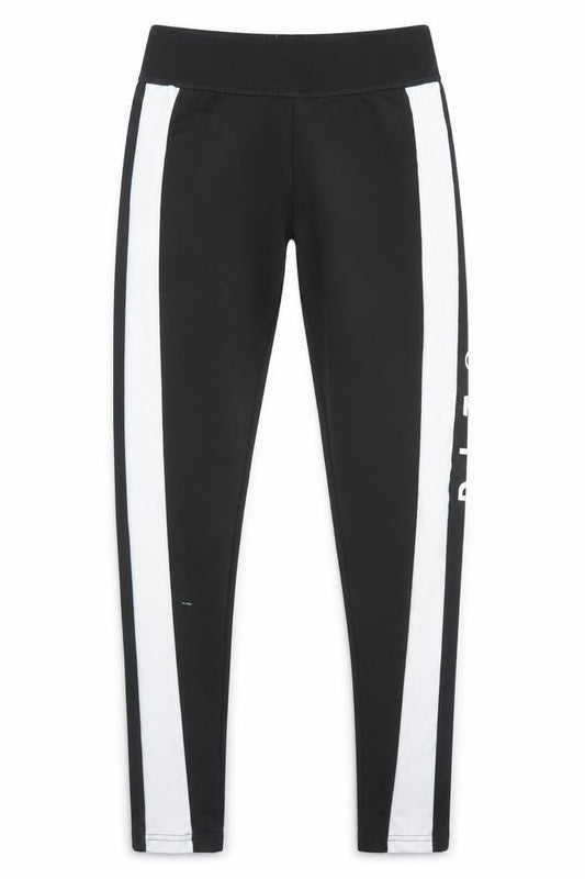Front view of PRETTYLITTLETHING women’s black polyester compression leggings, size UK 8, 25-inch leg regular