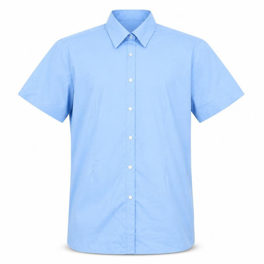 Front view of TruTex men’s blue polyester button-up, size L, collared button