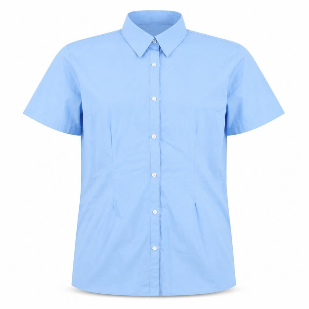 Front view of TruTex men’s blue polyester button-up, size L, collared button