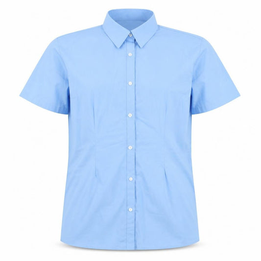 Front view of TruTex men’s blue polyester button-up, size L, collared button