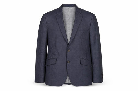 Front view of BHS men’s blue polyester jacket suit, size S