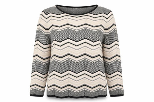 Front view of Bonmarché women’s multicoloured round neck striped viscose jumper, size UK 16