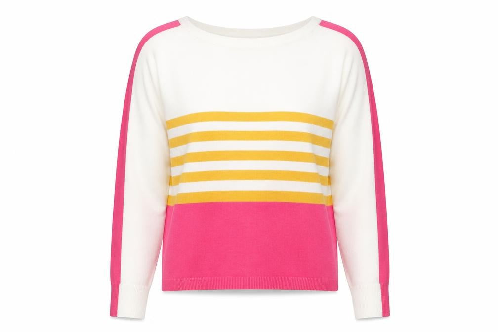 Front view of Next women’s white round neck striped acrylic jumper, size UK 12