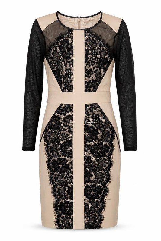 Front view of Julien Macdonald women’s beige floral polyester sheath, size UK 10, scoop neck zip