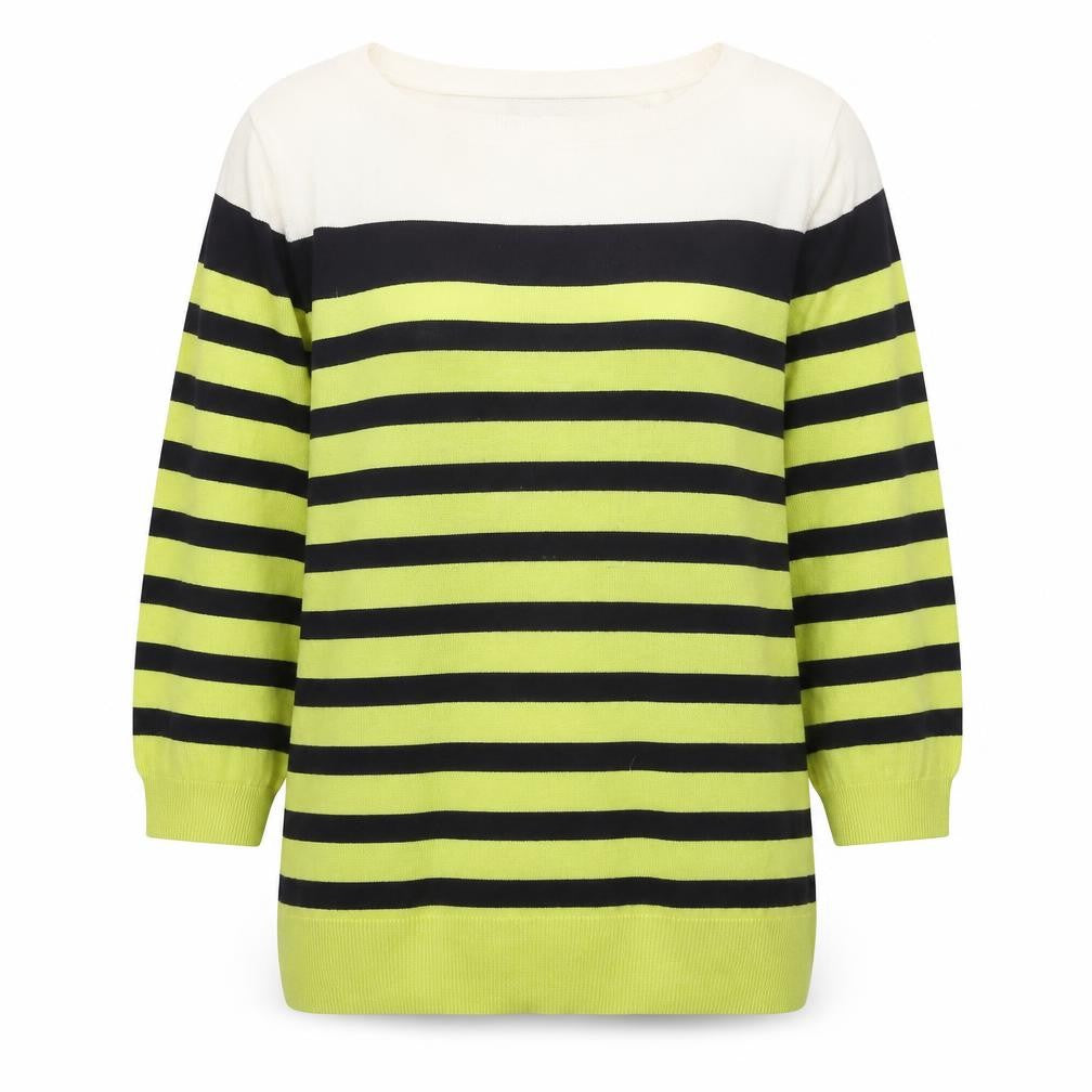 Front view of Red women’s multicoloured boat neck striped rayon jumper, size L