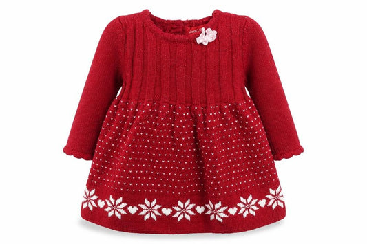 Front view of Jingles & Joy girls’ red geometric acrylic jumper, size 3-6, months button