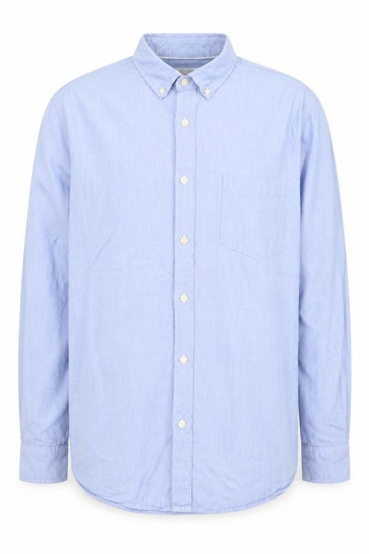 Front view of Label of Graded Goods men’s blue cotton button-up, size XL, collared button