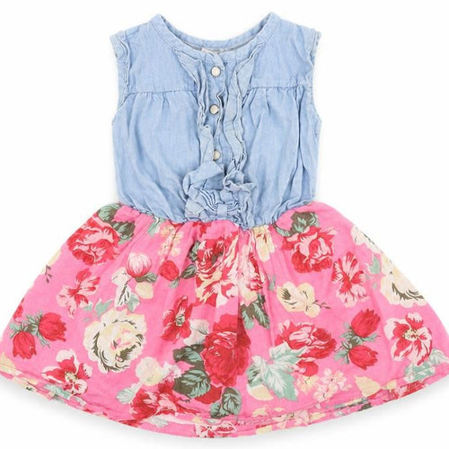 Preworn Girls Pink Floral Cotton Skater Dress  Size 2 Years  Round Neck Button