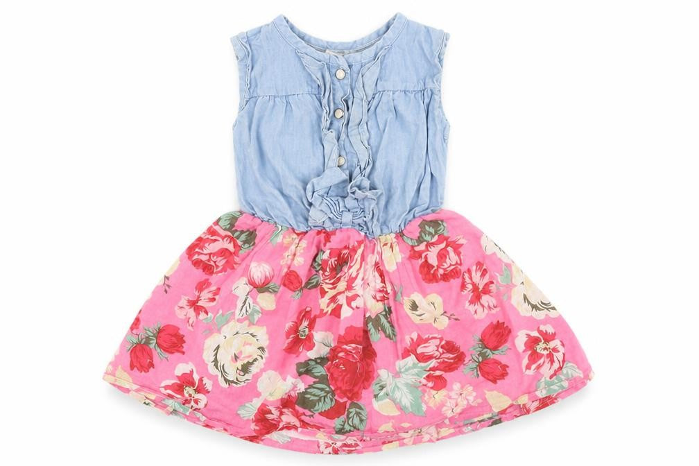 Preworn Girls Pink Floral Cotton Skater Dress  Size 2 Years  Round Neck Button