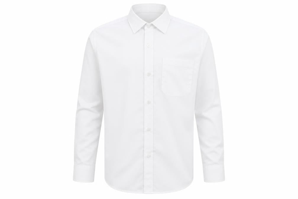 Front view of Banner boys’ white polyester basic button-up, size 13-14, years collared button