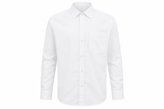 Front view of Banner boys’ white polyester basic button-up, size 13-14, years collared button