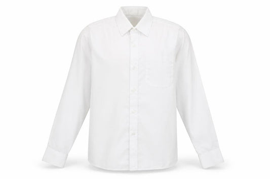 Front view of Banner boys’ white polyester basic button-up, size 13-14, years collared button