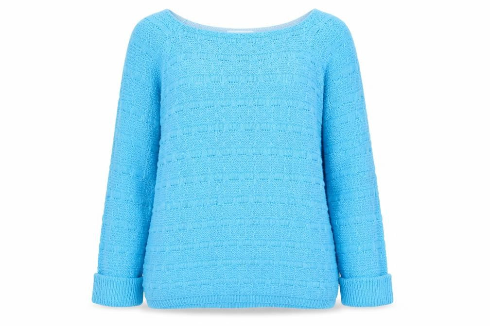 Front view of Ge5rard women’s blue round neck acrylic jumper, size S