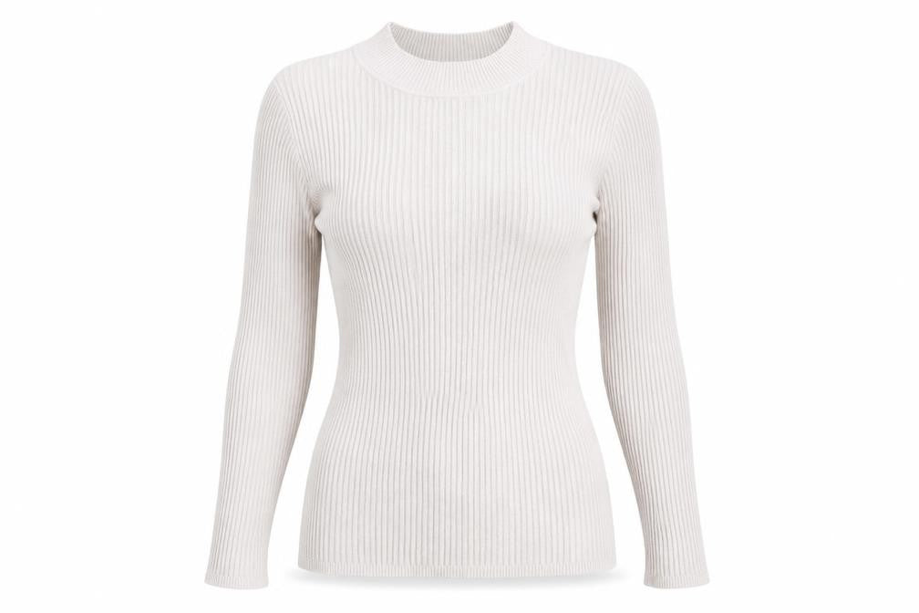 Front view of Primark women’s beige high neck viscose jumper, size M
