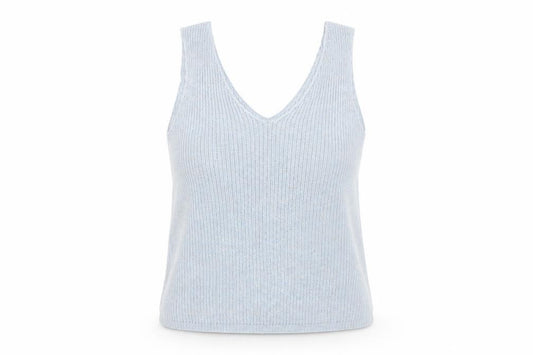 Front view of Dorothy Perkins women’s blue acrylic basic tank, size UK 12, v-neck