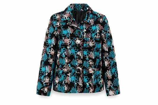 Front view of Gerard women’s black floral jacket blazer, size UK 12, button