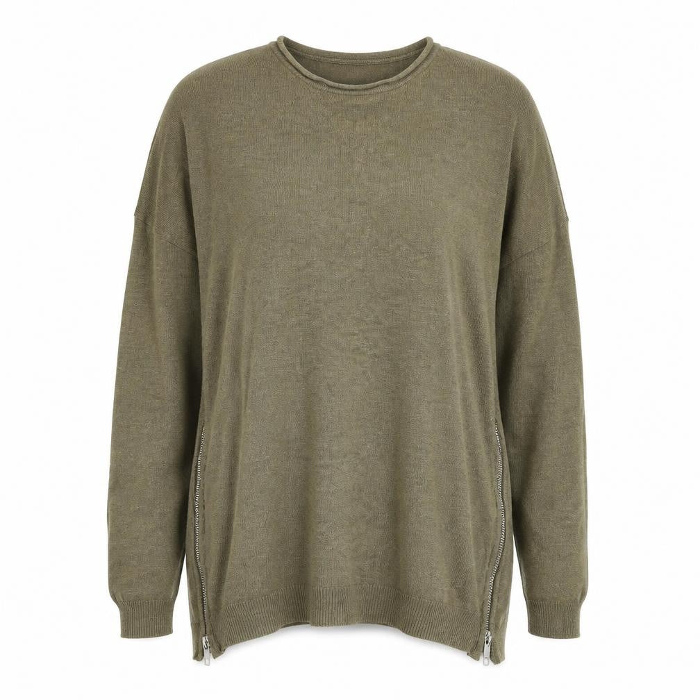 Front view of Primark women’s green round neck viscose jumper, size UK 10