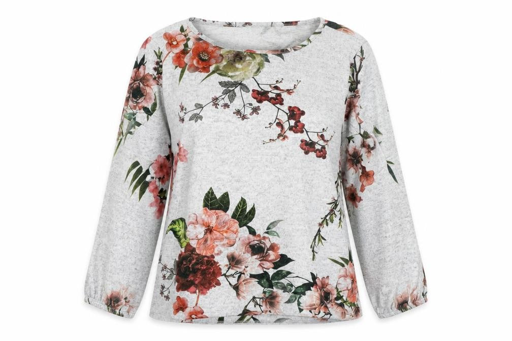 Front view of Preworn women’s grey round neck floral polyester jumper, size M