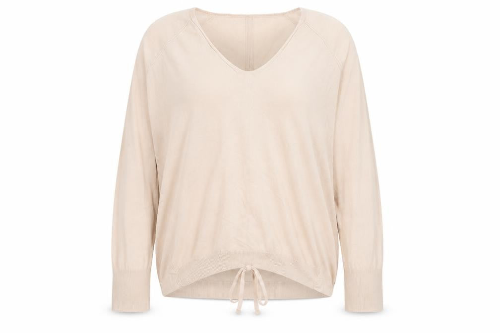 Front view of Marks & Spencer women’s beige v-neck cotton jumper, size UK 12