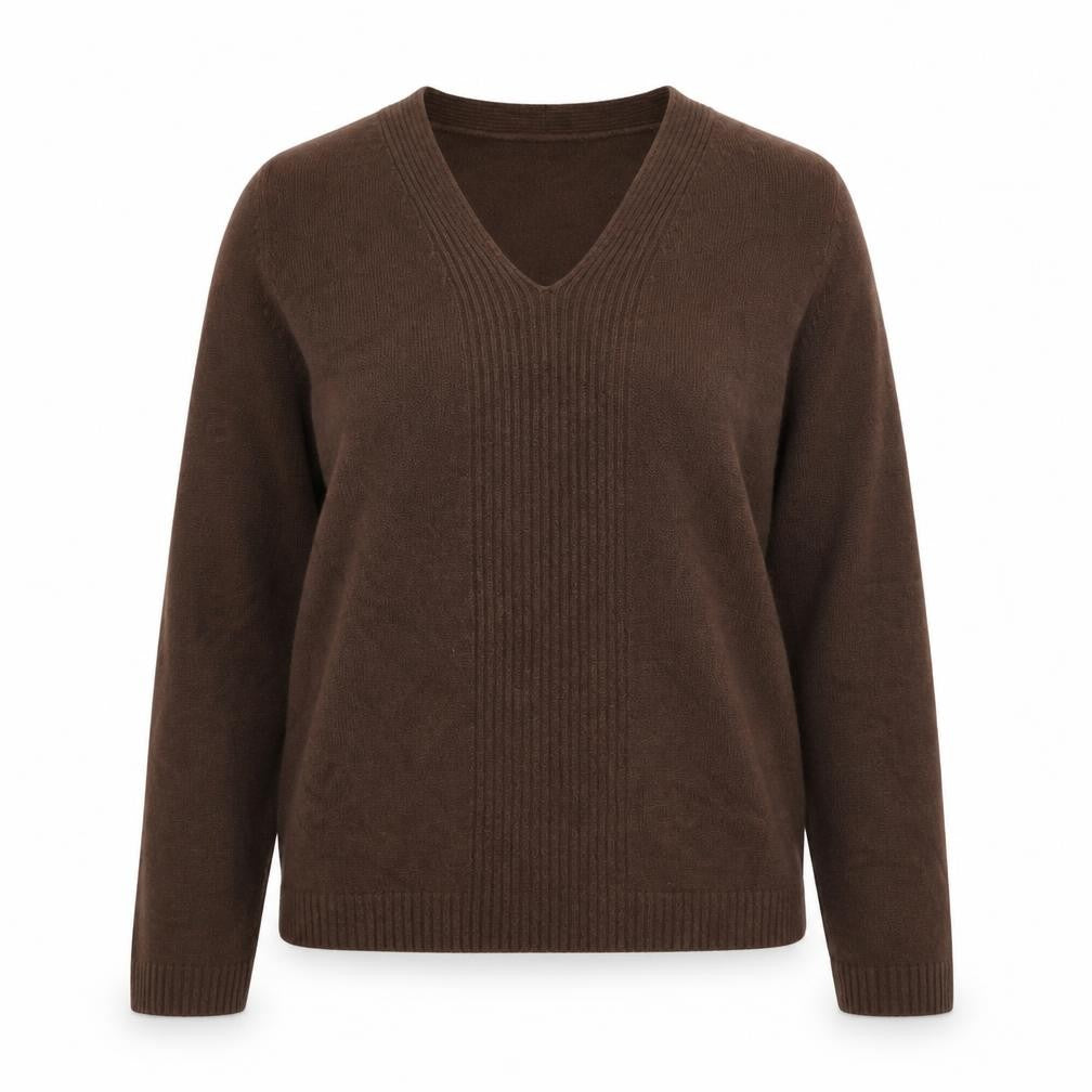 Front view of Debbie Morgan women’s brown v-neck acrylic jumper, size S