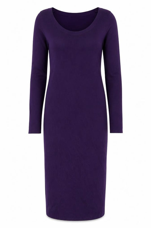 Front view of Oasis women’s purple viscose pencil dress, size S, round neck pullover