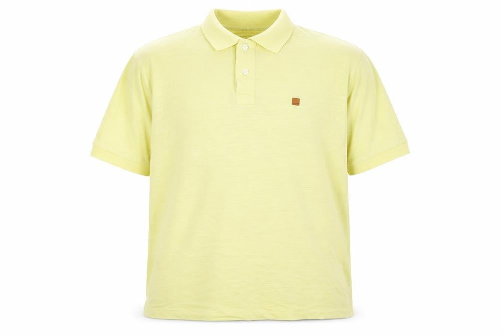 Front view of Empty men’s yellow polyester polo, size L, collared pullover